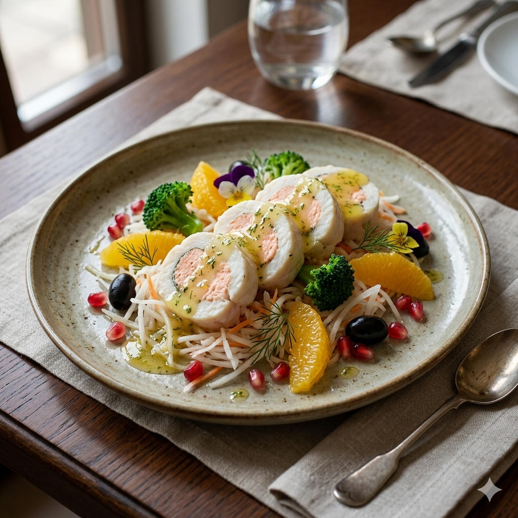 Poached Sole (Cold) Stuffed With Fresh Salmon