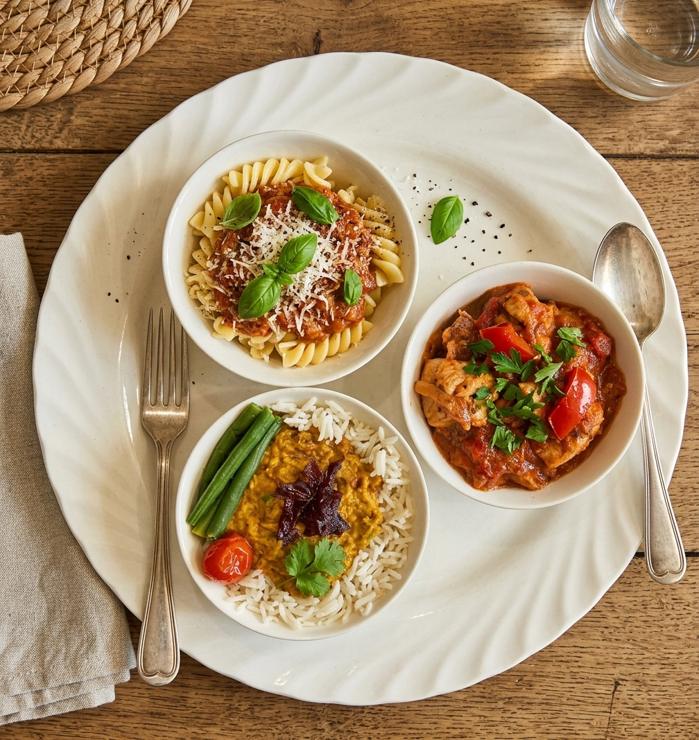 Beef Bolognaise on bed of Pasta, Chicken Casserole on bed of Mashed potatoes & Vegetarian Dhal on bed of Basmati Rice
