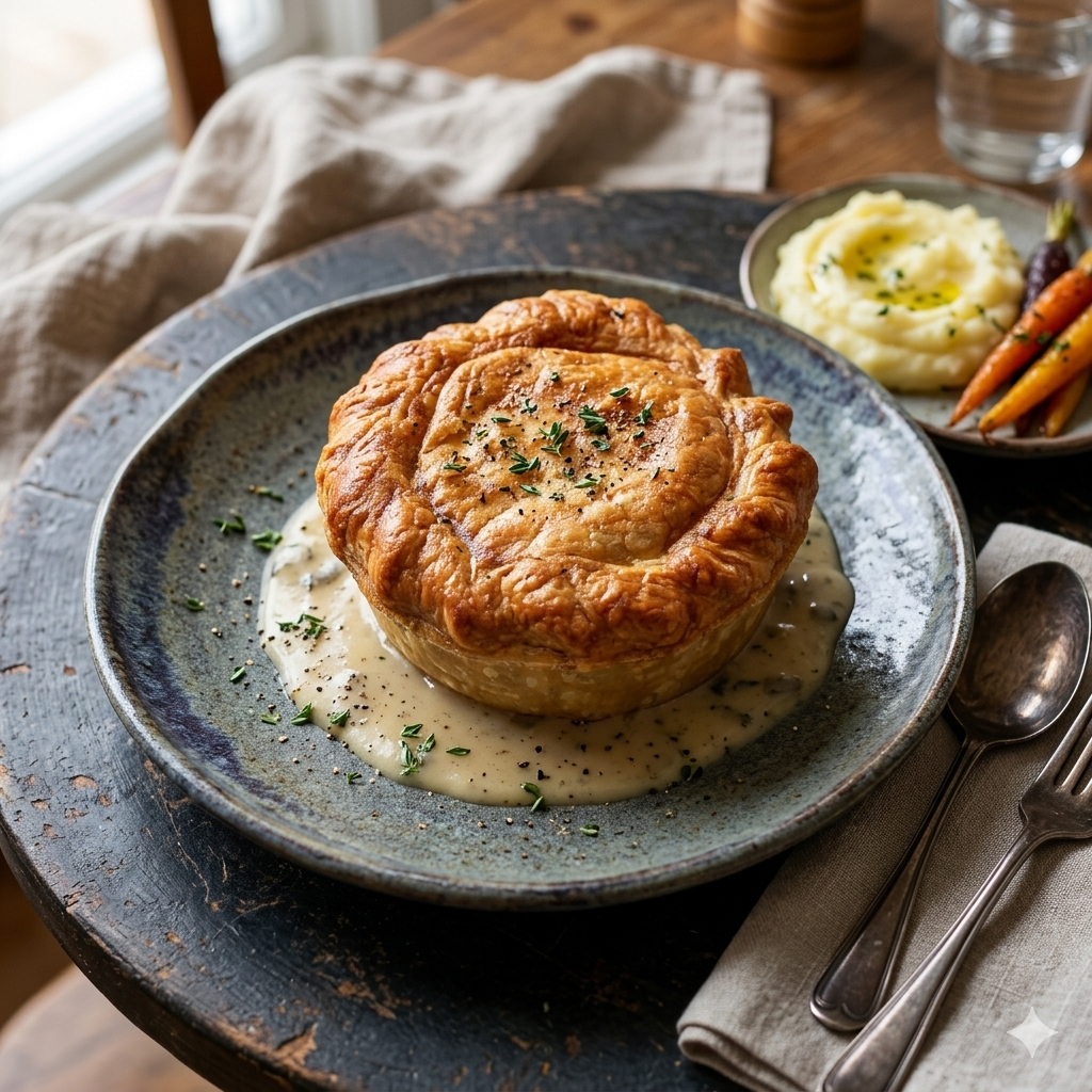 Chicken & Mushroom Pie Served With Tarragon Lemon Sauce