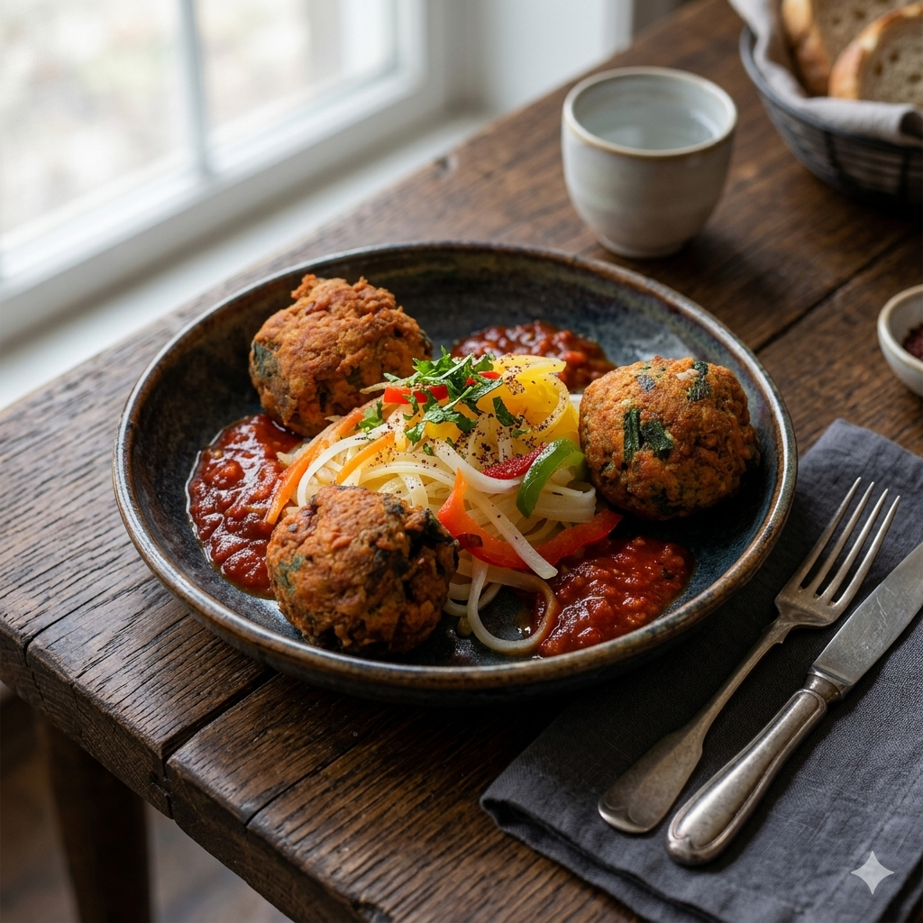 Thai Fish Cake On A Bed Of Rice Noodles With Mexican Salsa Sauce
