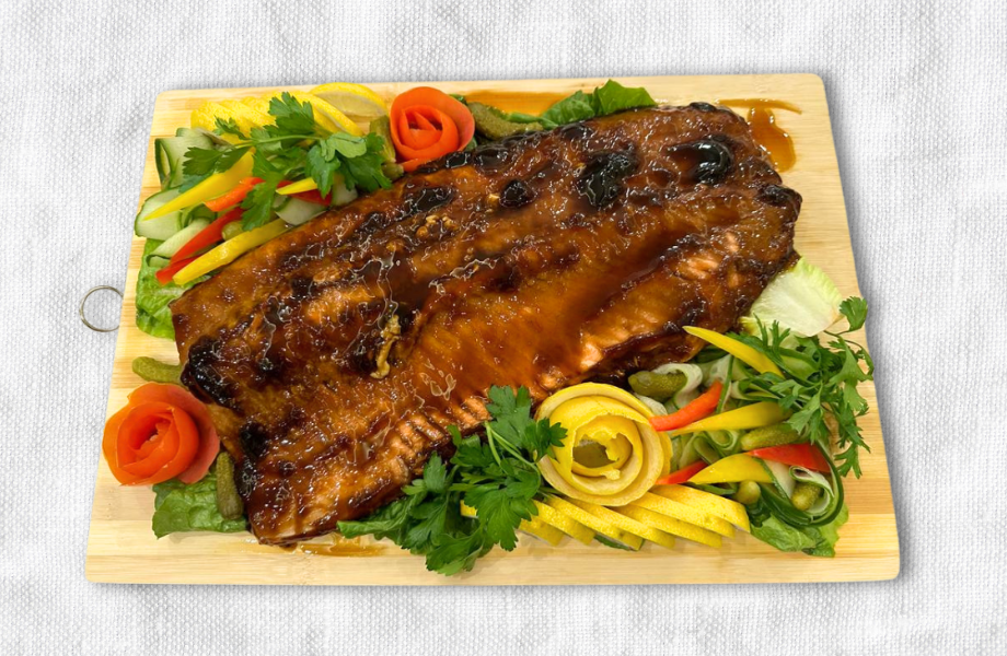 Teriyaki Salmon side on Wooden Platter