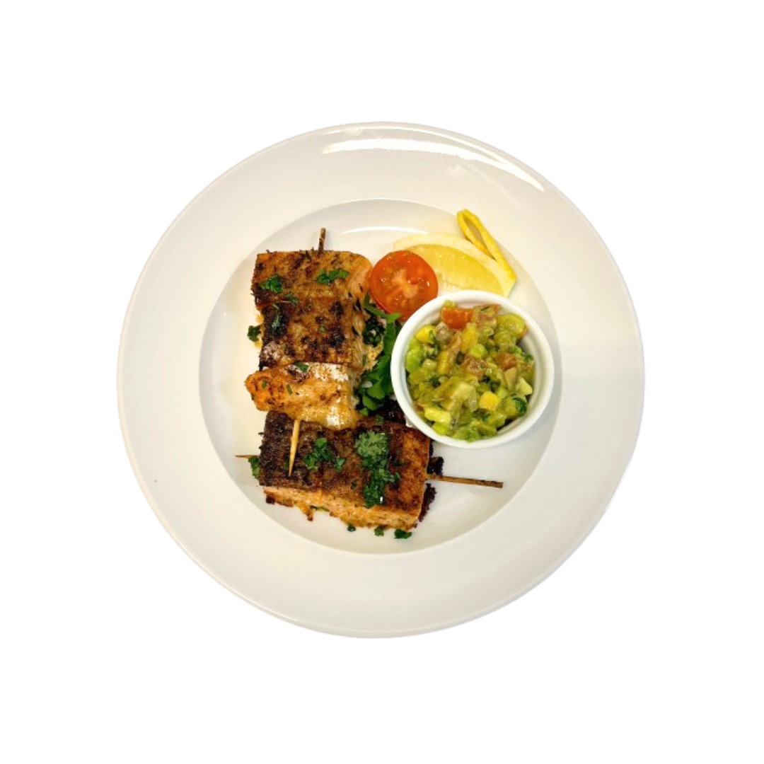 Cajun & Lime Salmon Kebab x 2 with Ramekin of Avocado Salsa