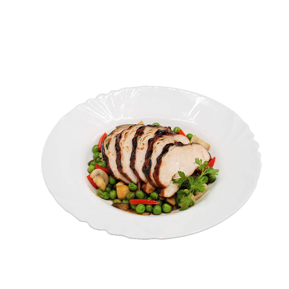 Teriyaki Chicken on a bed of Mushroom & Pea salad