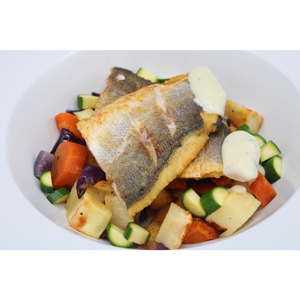 Baked Seabass Fillet with a Citric Sauce served with Roasted Root Vegetables