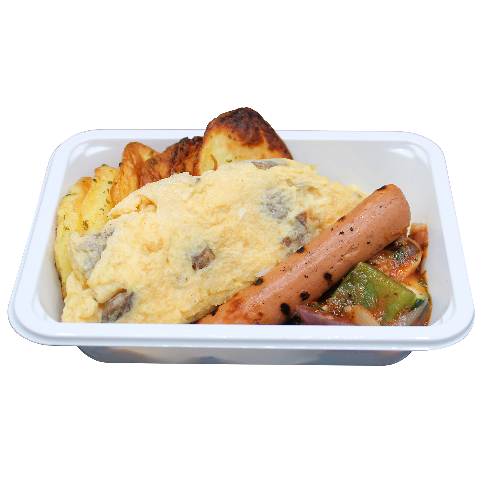 Mushroom Omelette, Vegetarian Sausage, Mushroom Ragout & Saute Potatoes