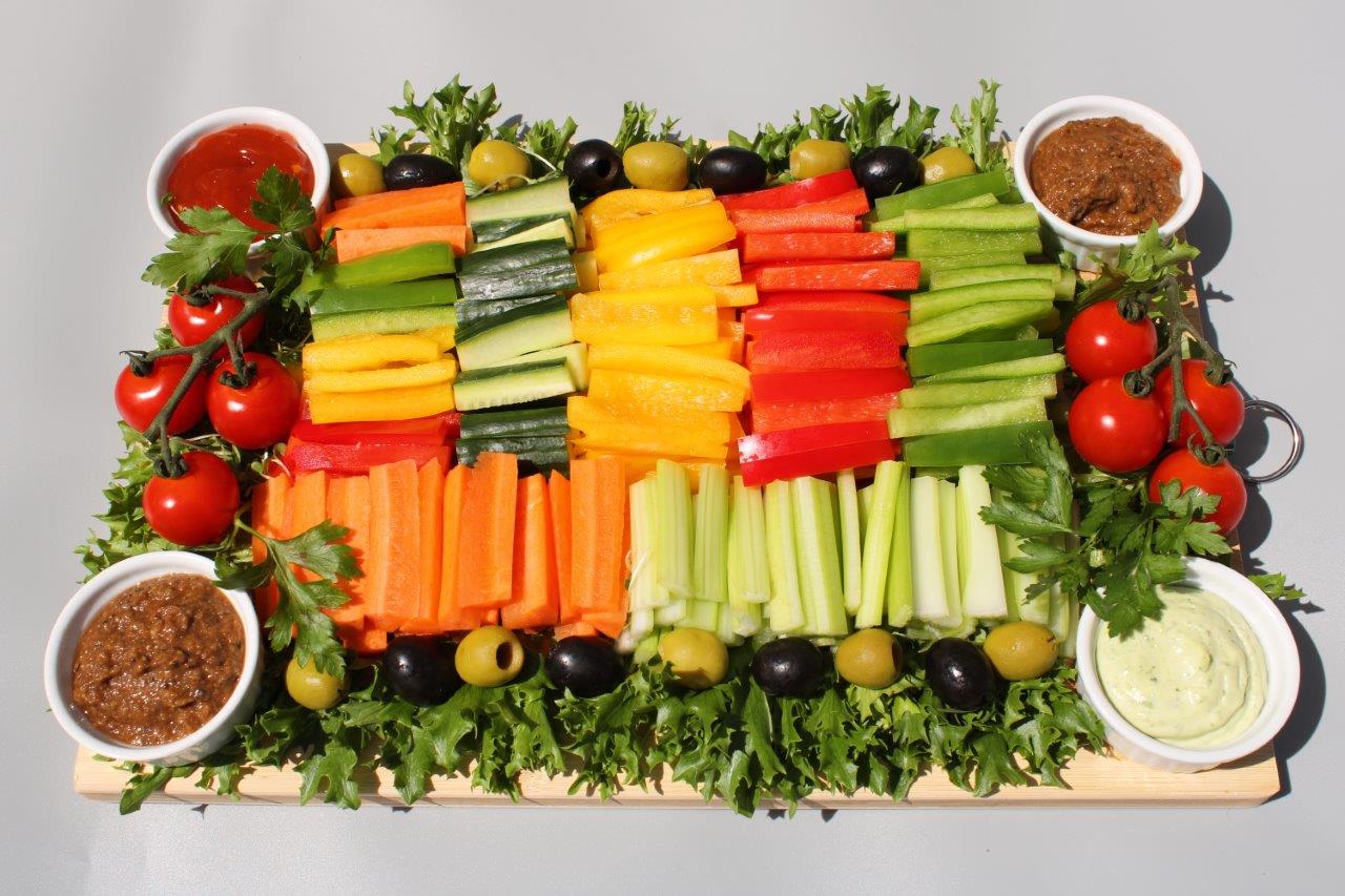 Vegetable crudite platter on wooden board