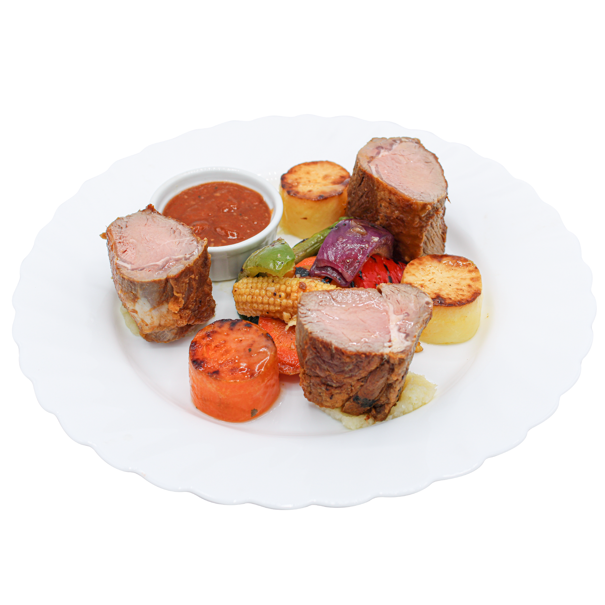 Lamb Loin Served With Sweet & Fondant Potato Along With Grilled Mediterranean Vegetables Disposable