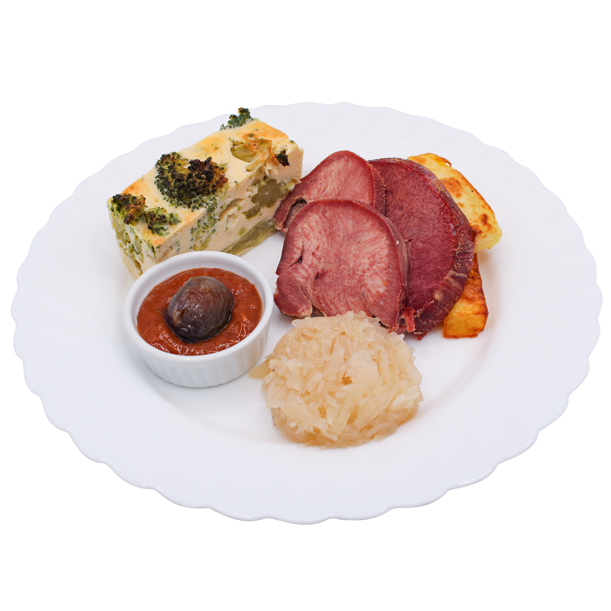 Sliced Salt Beef & Tongue With Roasted Potato, Sauerkraut And Broccoli Kugal Disposable