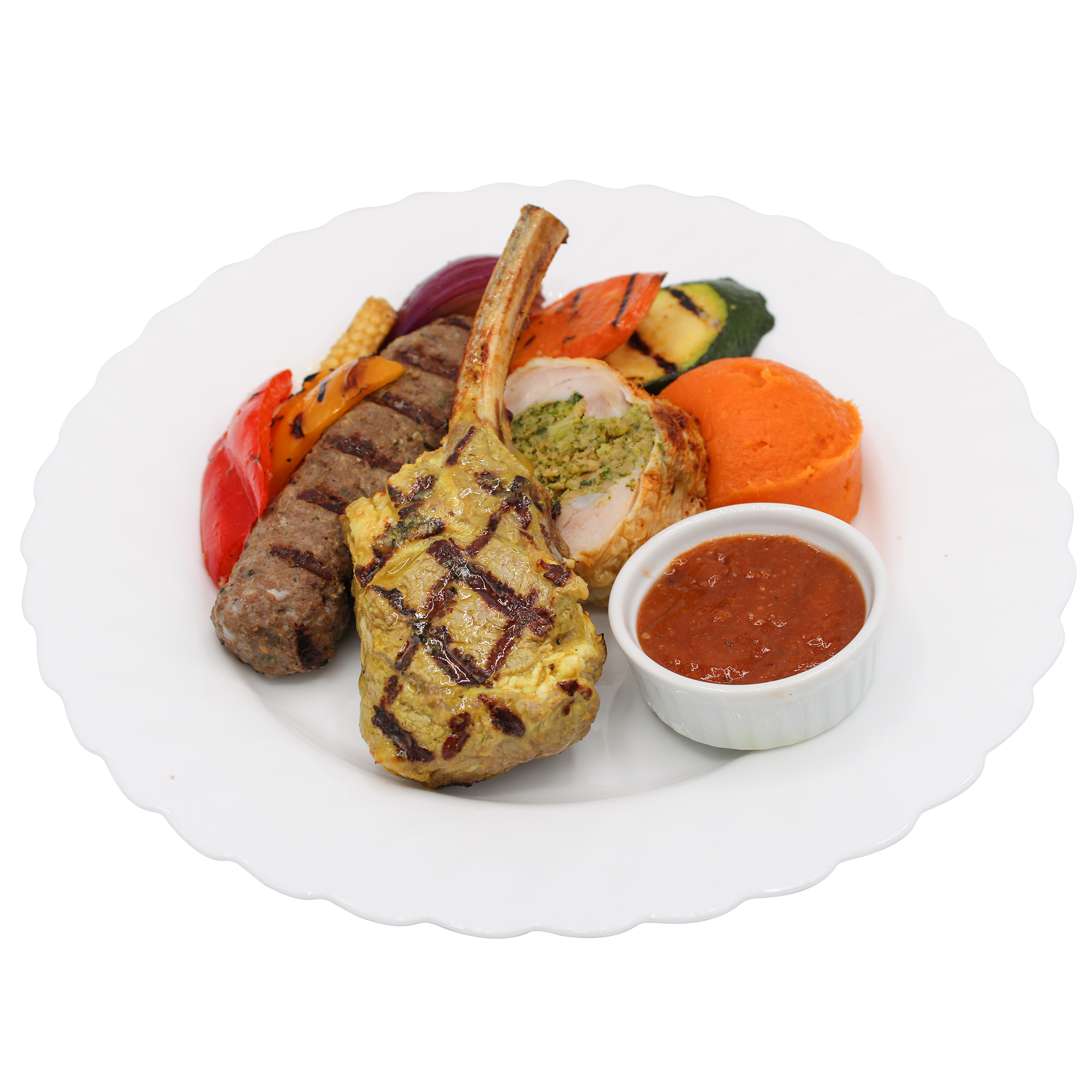 Stuffed Chicken Leg With Broccoli, Lamb Kofta, Bbq Grilled Lamb Chops Served With Smoked Sweet Potato & Grilled Mediterranean Vegetables With Rosemary & Shallot Sauce Disposable