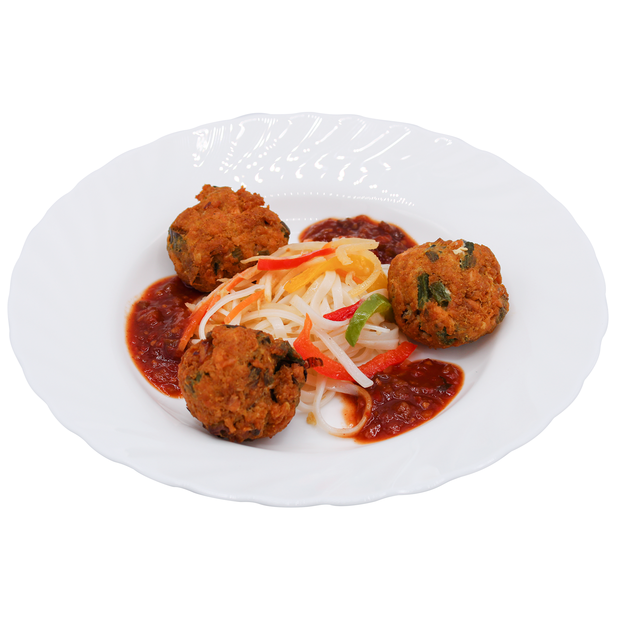 Thai Fish Cake On A Bed Of Rice Noodles With Mexican Salsa Sauce